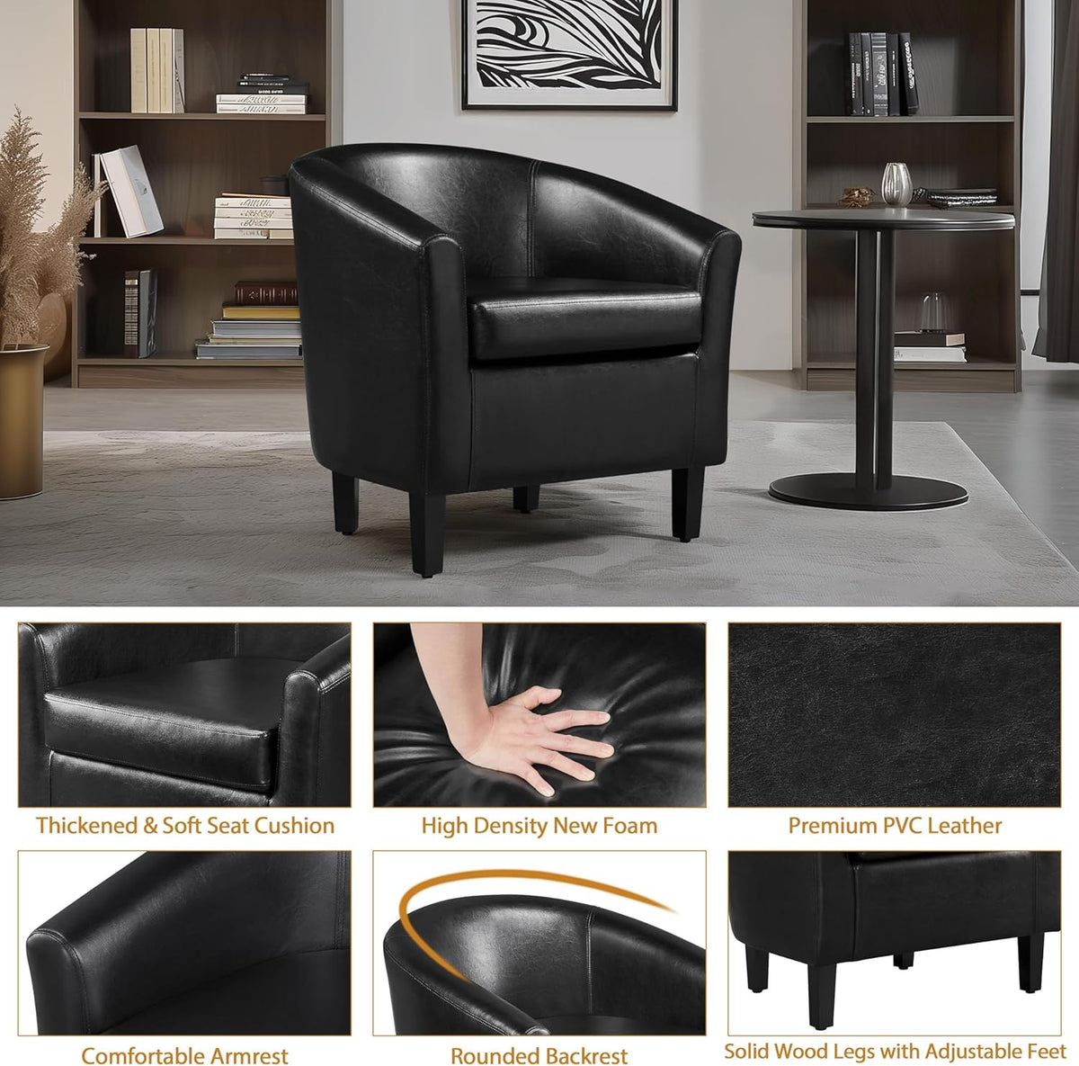 Yaheetech Barrel Chairs Set of 2, Faux Leather Club Armchairs, PU Leather Accent Chairs with Soft Padded Seat for Living Room Bedroom Waiting Reading Room, Black