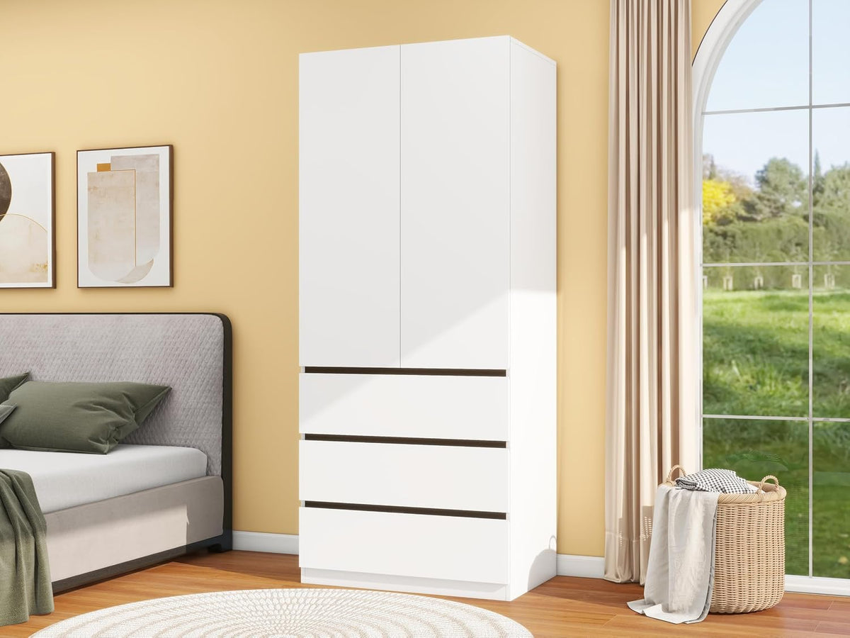 Wooden Wardrobe Closet with 2 Doors: 75" Bedroom Armoire Wardrobe Closet with 3 Drawers, White Cabinet with Hanging Shelves, Large Storage Cabinet (Modern, 1)