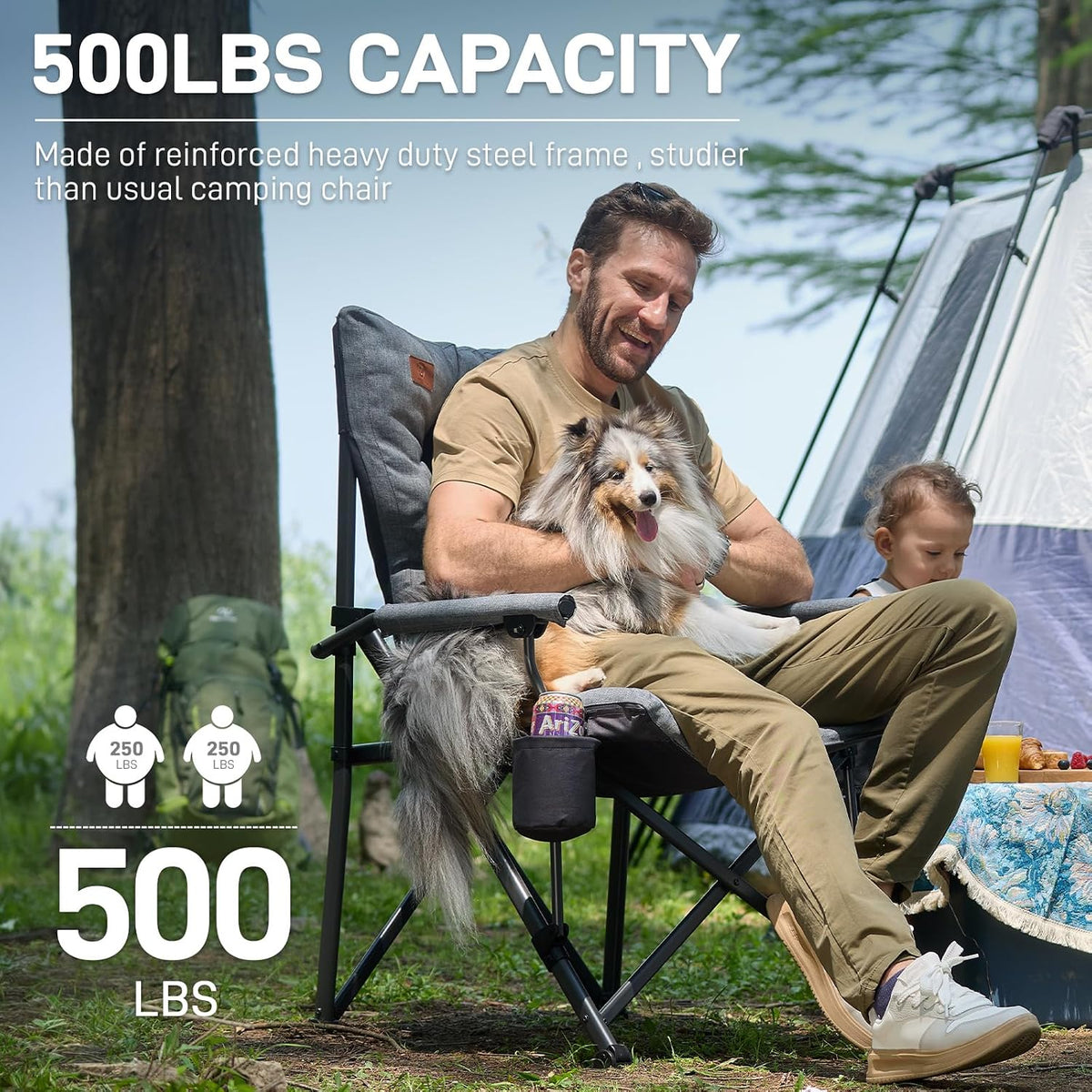 EVER ADVANCED Padded Oversized Folding Camping Chair for Adults, Heavy Duty Lawn Chair with Side Pockets, Portable Collapsible Quad Chair for Outside, Support Up to 500lbs, Grey
