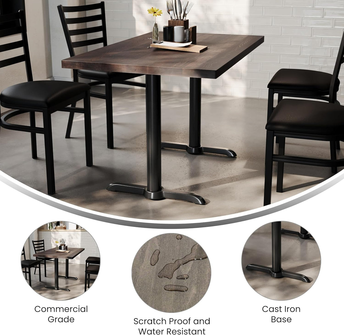 Flash Furniture Bennett 30" x 48" Solid Wood Commercial Indoor Tabletop in Dark Brown with Dual 5" x 22" Dining Height Black Cast Iron T Bases, 400 lb. Static Capacity
