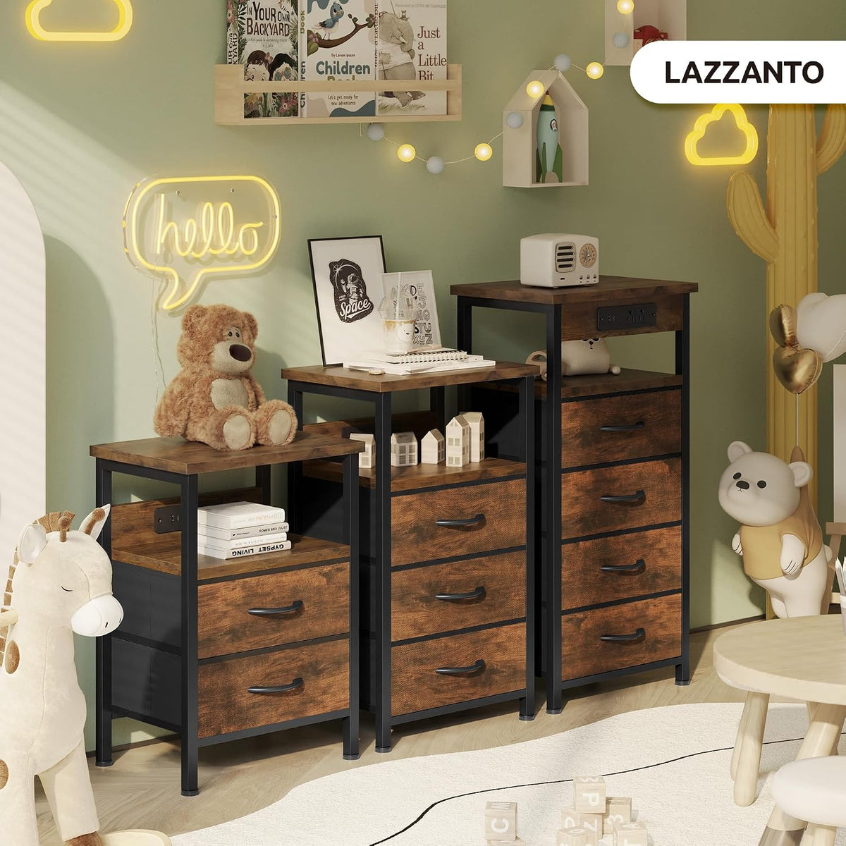 Lazzanto Night Stand with Charger Station for Bedroom, Brown Nightstand | Bedside Table, Open Shelf, 2 Fabric Drawers, Built in USB-A, USB-C Port & AC Outlets, For Dorm, Living Room, Bedroom