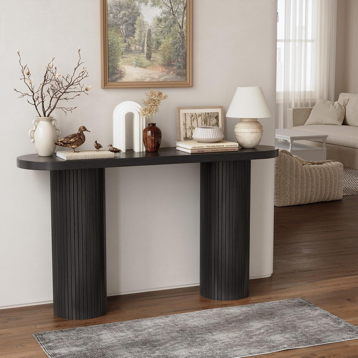 ONBRILL 55 Inch Fluted Entryway Table, Sofa Table Behind The Couch, Long Console Tables, Modern Entrance Stand for Hallway, Living Room Foyer, Farmhouse Style (Black)