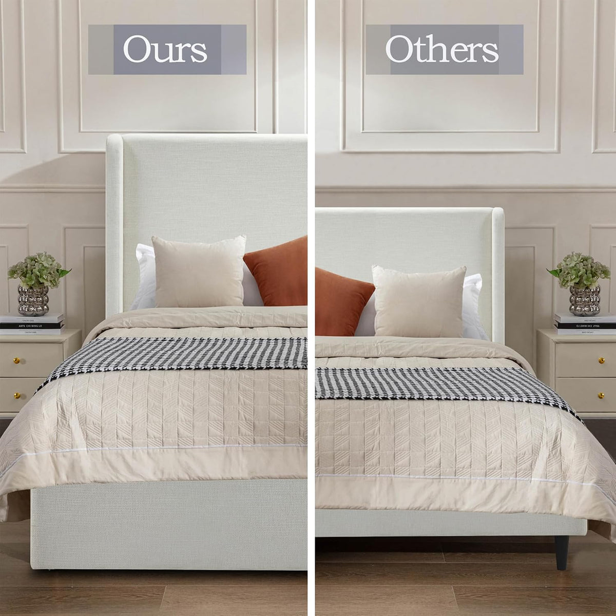 Upholstered Bed Frame Queen Size, 54" High Headboard Platform Beds Caron Tall Wingback Bed Frames, Box Spring Request/No Noise/Simplicity Minimalist, Textured Ivory Canvas Chenille