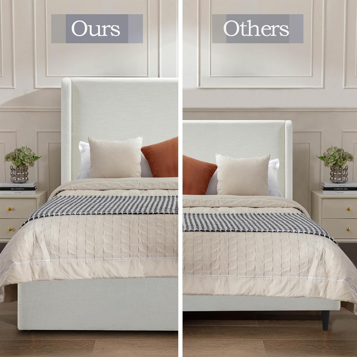 LUMISOL Queen 54” Tall Headboard Wingback Upholstered Platform Bed Frame, Modern Bed Frame Without Wooden Slats, Box Spring Request, Easy Assembly, Ivory