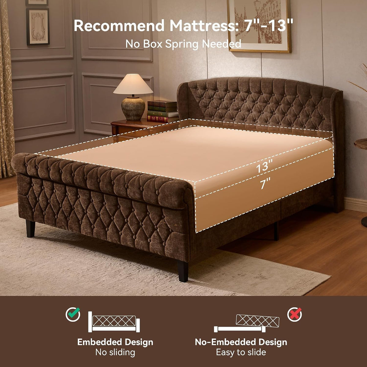 BedsPick Brown Upholstered Queen Bed Frame with 42" Wingback Headboard, Sleigh Queen Size Bed Frame with Button Tufted Scroll Footboard, Wood Slats Support/No Noise/Easy Assembly/No Box Spring Needed