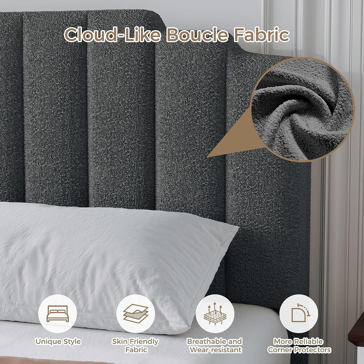 Queen Size Bed Frame with Adjustable Headboard, Grey Boucle Bed Frame