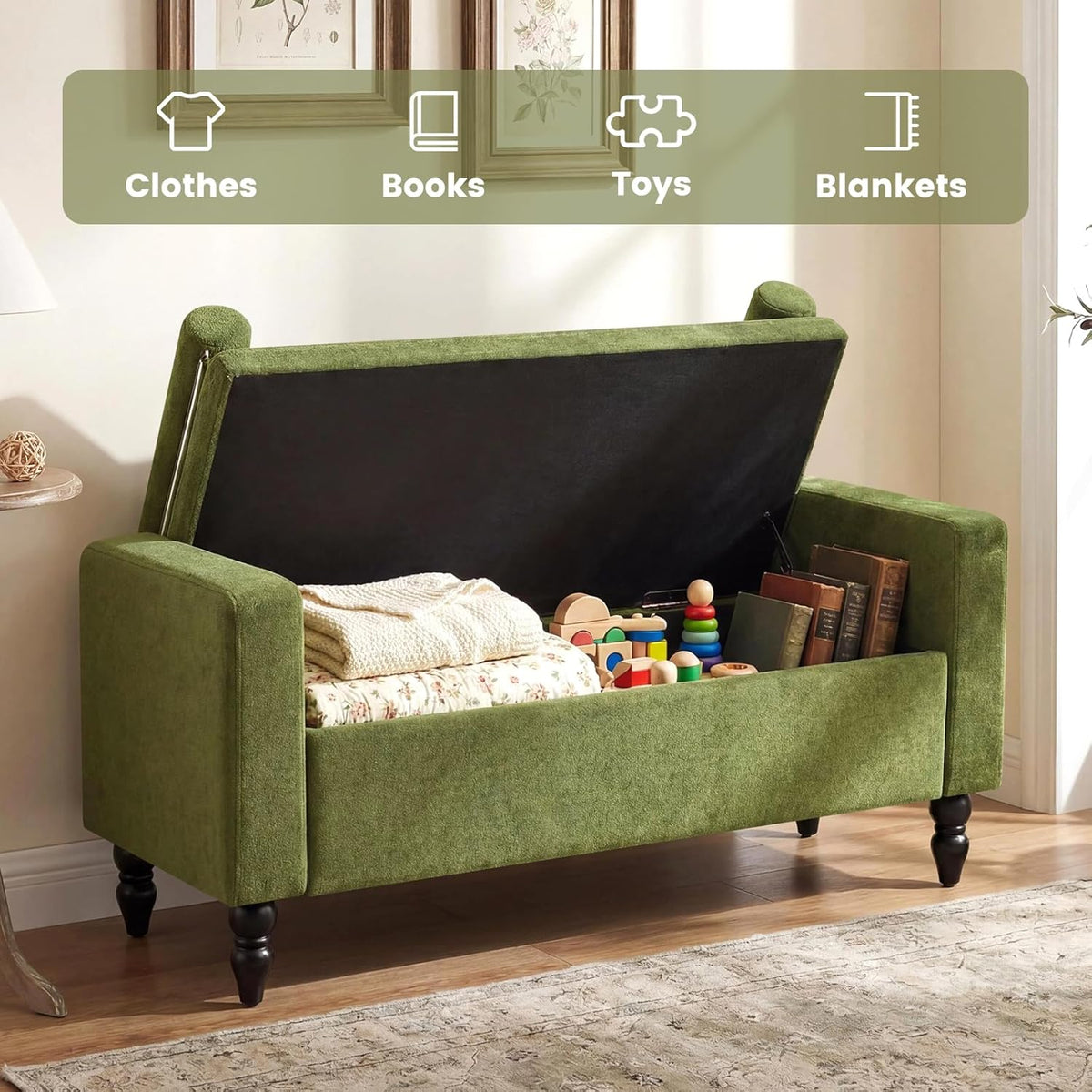 End of Bed Bench for Bedroom, 45.7" Linen Storage Ottoman Bench with Removable Pillows, Upholstered Entryway Bench with Solid Wood Legs, Storage Cabinet for Bedroom, Living Room, Entryway, Green