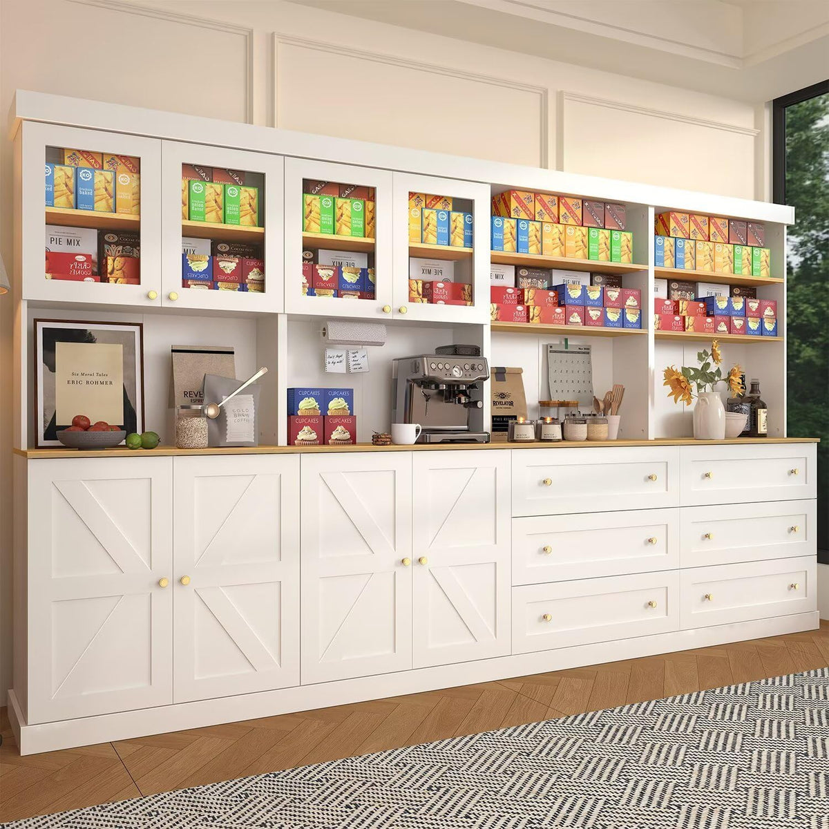 71" White Farmhouse Kitchen Pantry Cabinet Set of 4— Freestanding Coffee Bar with Glass Doors or Drawers, Microwave Stand, Large Storage Hutch with Adjustable Shelves for Kitchen, Living Room