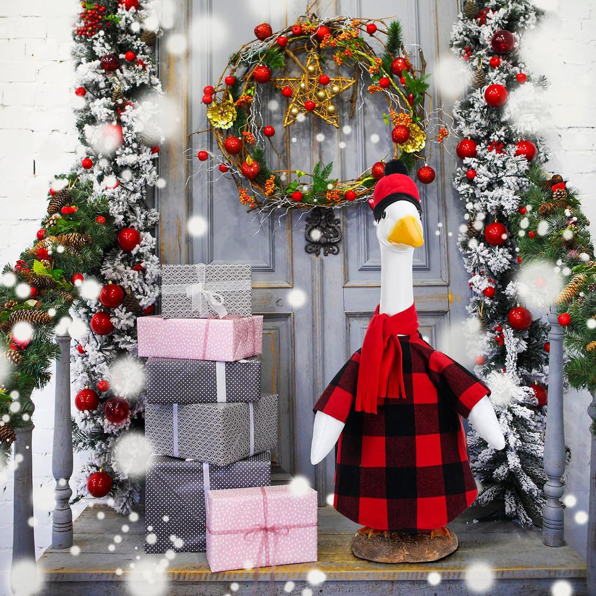 Christmas Red and Black Buffalo Plaid Goose Outfit Clothes for 23" High Cement or Plastic Goose Lawn Clothing Porch Garden Costume for Yard Outdoor Patio Statue Xmas Holiday Decor