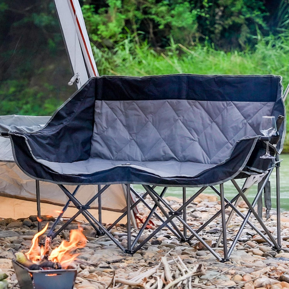 Double Camping Chair for 2 Persons, Oversized Folding Loveseat Camping Chair with Cup & Wine Holders, Heavy Duty 750LBS Support, Portable Camping Couch for Outdoor, Lawn, Beach, Black+Grey