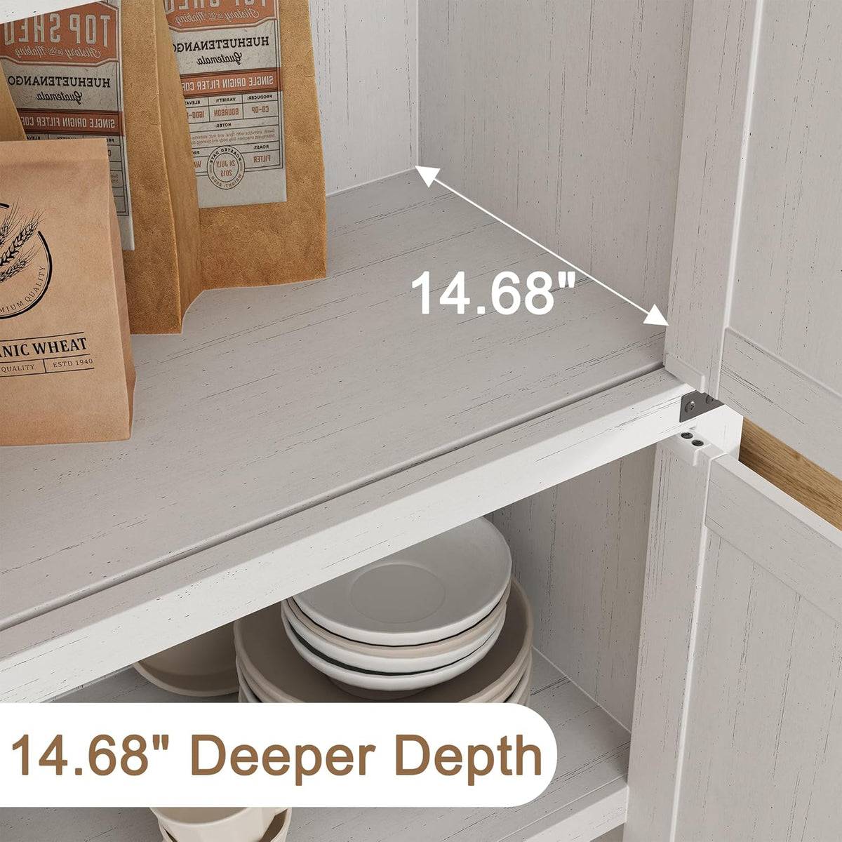 Arched Storage Cabinet 71.6" Tall Storage Pantry, Farmhouse Pantry White Kitchen Cabinet withDoors, 5 Tier Kitchen Cabinets for Dining Room Rustic White