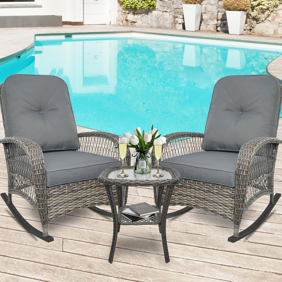Wicker Rocking Chair, Rattan Patio Rocking Chairs, All-Weather Rocking Lawn Wicker Furniture for Porch Deck Garden Backyard(Grey)，1PC