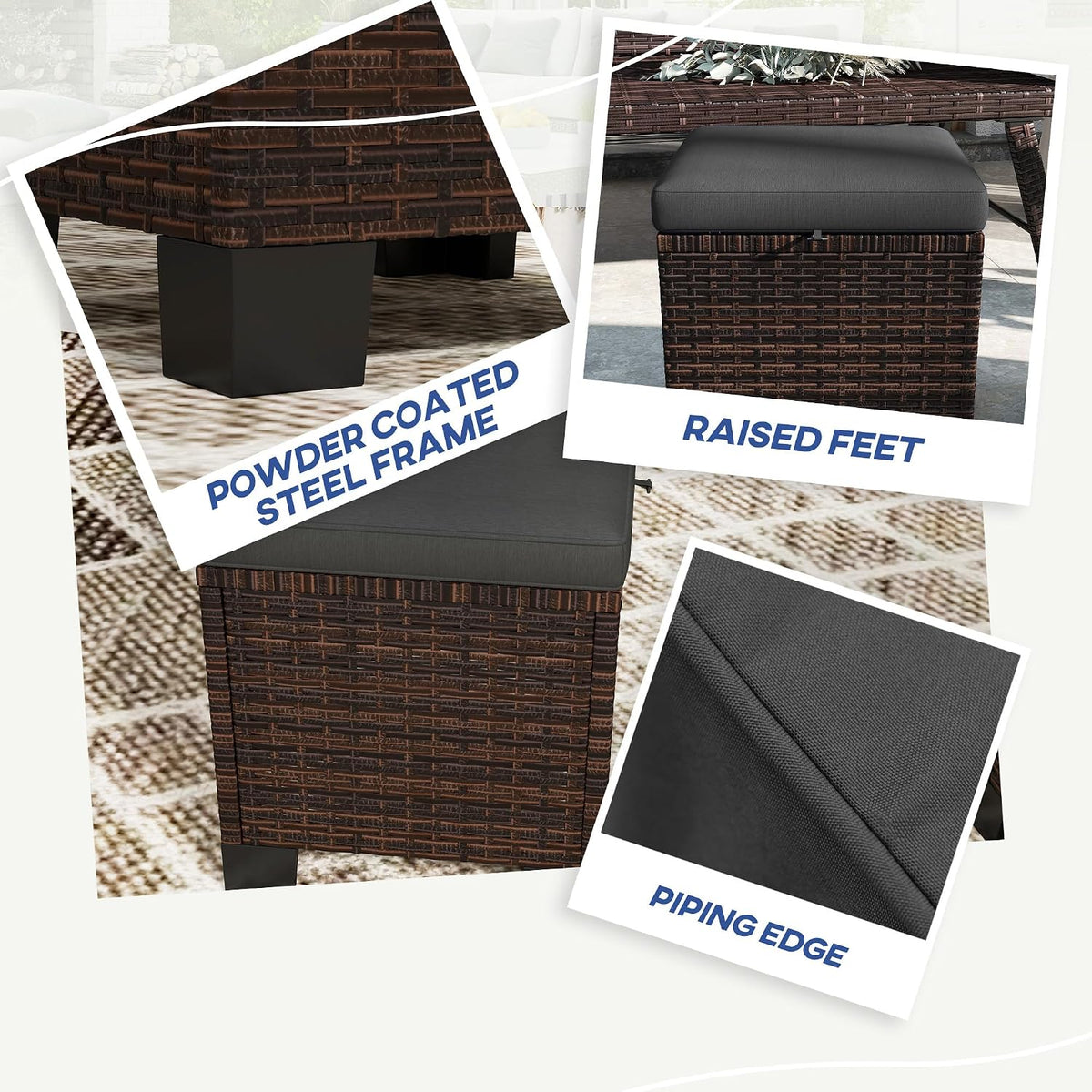 Outsunny 2 Pieces Outdoor Patio Ottomans, All Weather Wicker Footstools with Removable Cushions, 3-in-1 PE Rattan Ottoman Seat, Footrest and Side Table for Backyard, Poolside, Gray
