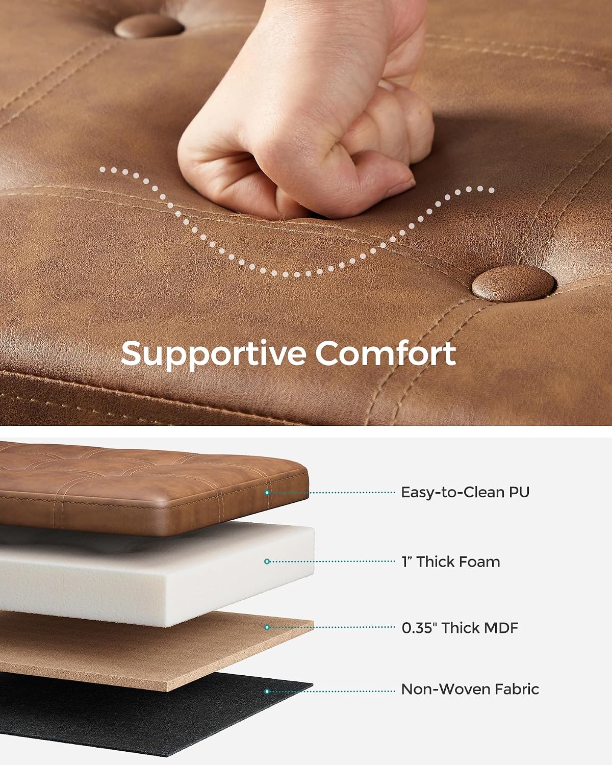 SONGMICS Storage Ottoman Bench, 43.3 Inches Folding Foot Rest Stool | PU Leather, Easy Assembly, for Living Room, Bedroom, Entryway, Coffee Brown, MINOTA Collection ULSF070K01