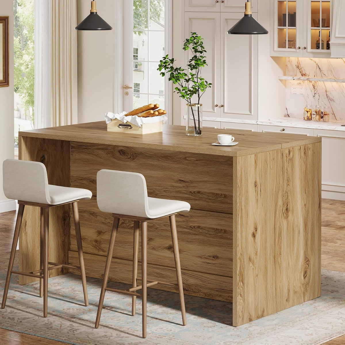 Tribesigns 59-Inch Kitchen Island with Storage, 3-Tier Farmhouse Stationary Island Table with Large Worktop & Seating Area, Rectangular Breakfast Counter for Kitchen, Dining Room, Light Wood
