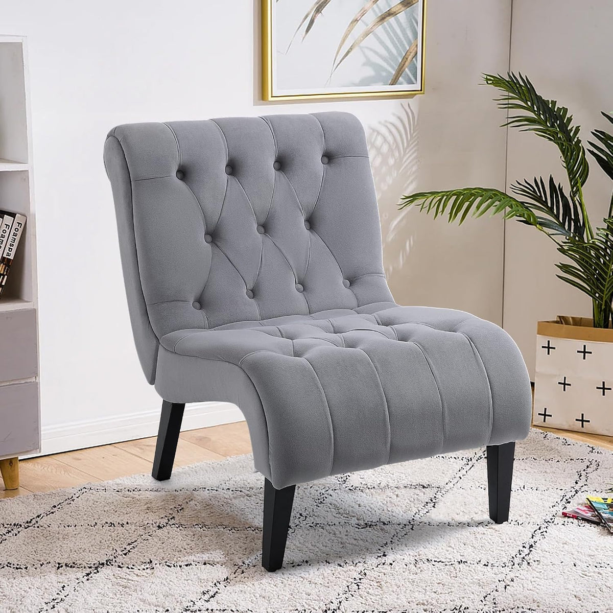 AVAWING Armless Tufted Velvet Accent Chair with Wood Legs, Grey | Soft fade & pill-resistant velvet; ergonomic tufted cushion; non-slip rubber wood legs; for living room bedroom office, grey