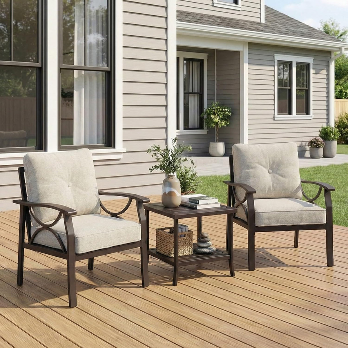 RoyalCraft Outdoor Patio Furniture Set, 3 Pieces Metal Patio Conversation Set with Side Table for Porch Garden Backyard, Beige