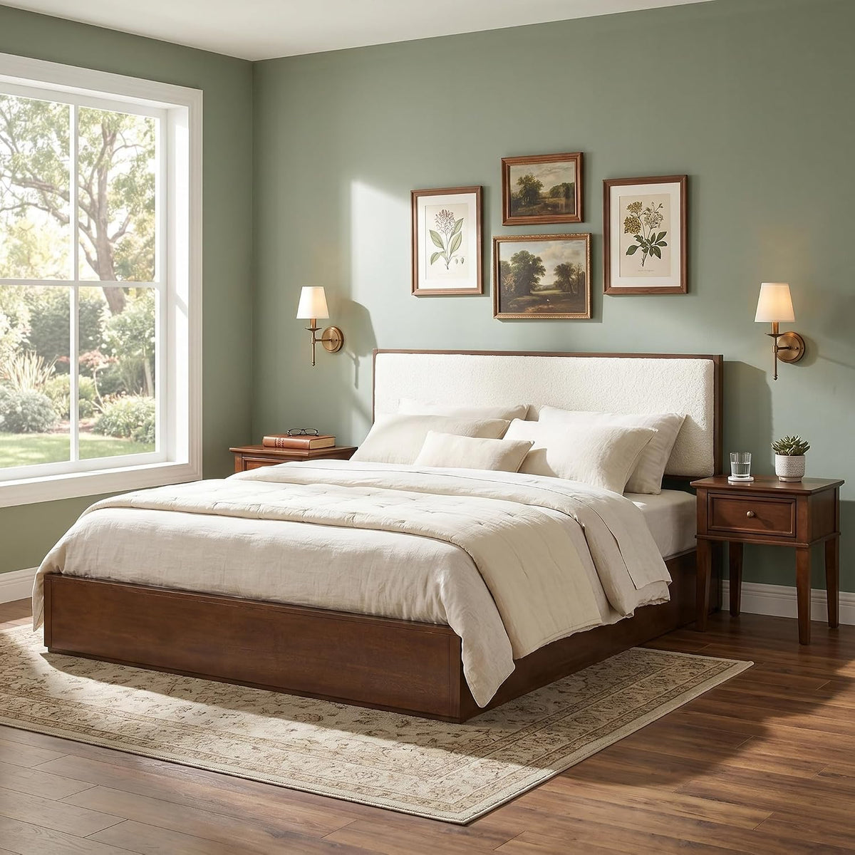Merax Walnut Queen Size Platform Bed Frame, Modern Minimalist Wood Bed Frame with Plush Boucle Upholstered Headboard, Low Profile Modern Bed, Wood Slat Support, No Box Spring Needed