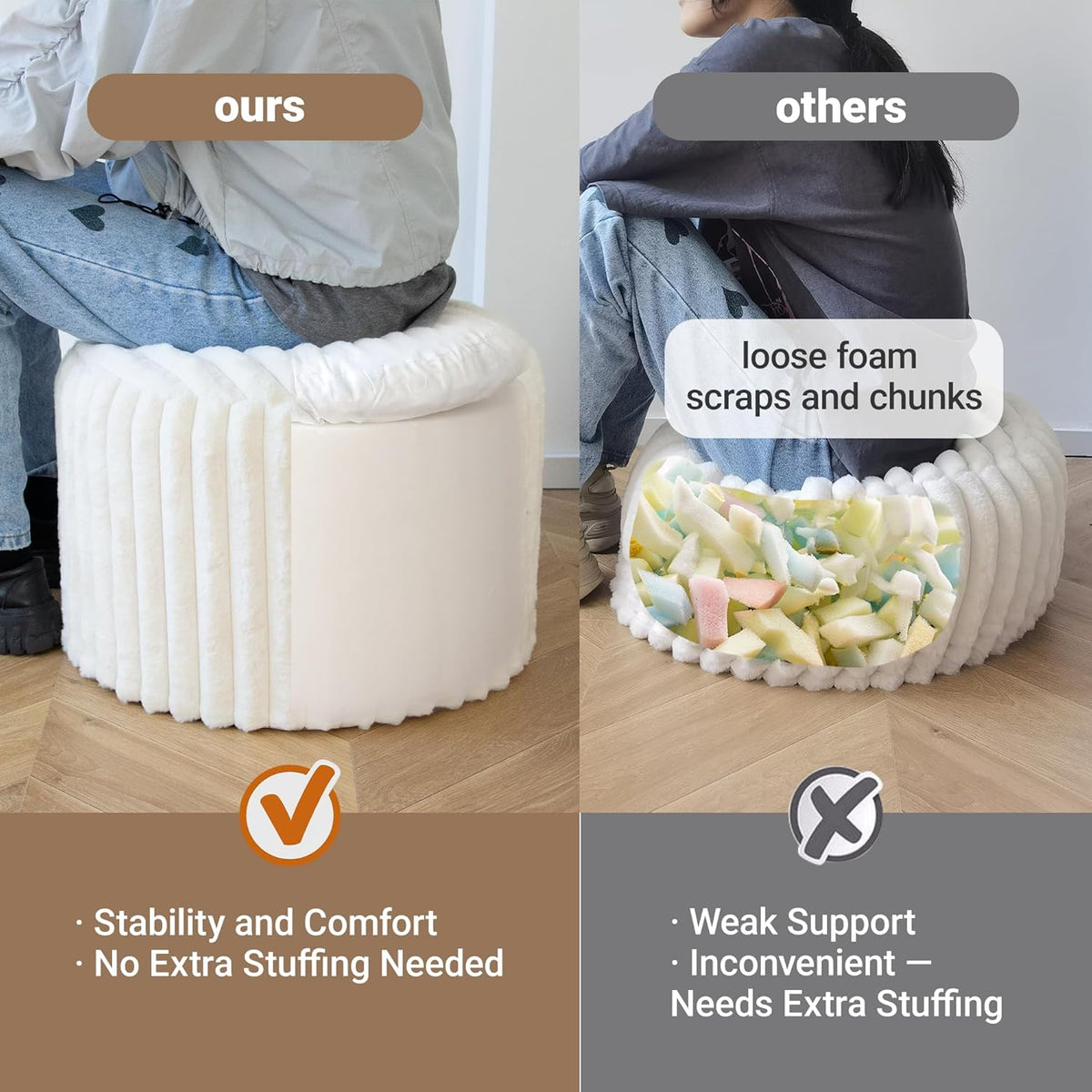 Round Stuffed Pouf Ottoman, Stripe Faux Fur Footrest, Solid Block Support+Soft Cushion Comfort, Removable Washable Cover, 20" Floor Pouf for Living Room Bedroom Dorm Vanity, Cream Beige