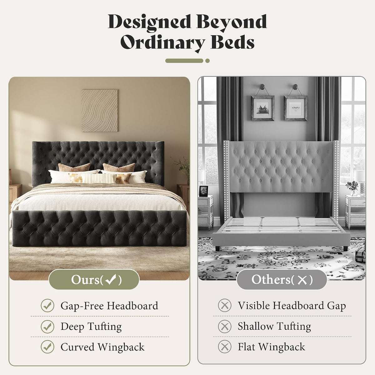 AMERLIFE Upholstered Queen Bed Frame with Wingback Headboard, Black Velvet