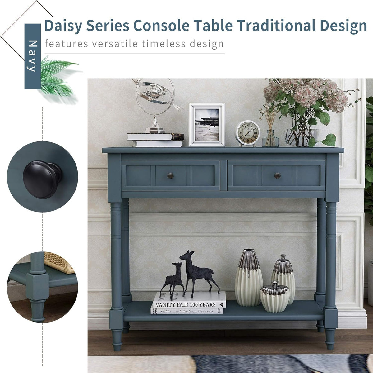 MERITLINE Wood Console Table for Entryway Console Table with Storage Sofa Table Entryway Table with 2 Drawers and Bottom Shelf (Navy)