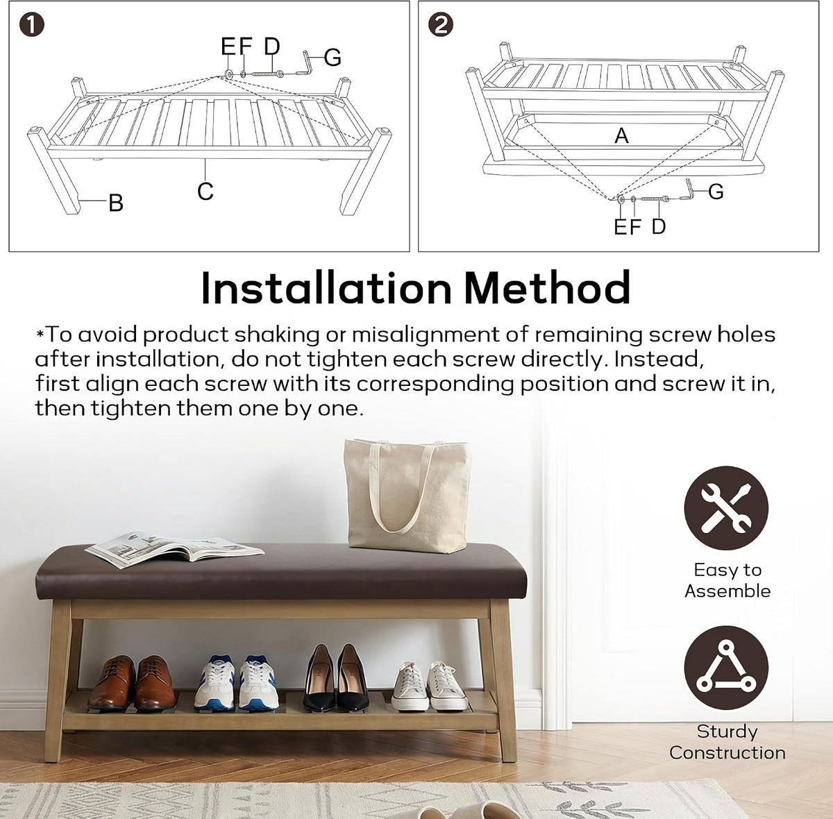 HUIMO Entryway Shoe Bench with Cushion, End of Bed Bench,Upholstered Bench for Kitchen, Bench with Solid Wood Shelf, Leather Ottoman Bench for Hallway, Living Room (PU-Brown)