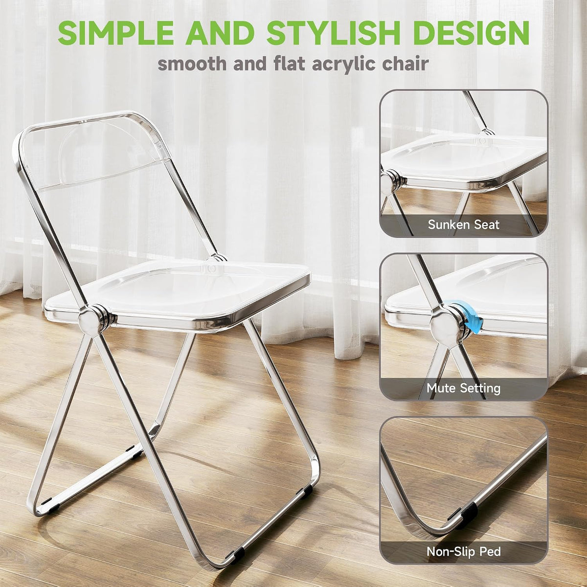 Real Relax Acrylic Folding Chairs,Foldable & Stackable Clear Chairs with Metal Chrome Frame, Indoor and Outdoor, for Home, Office, Party & Events,Set of 6,350LB,Transparent