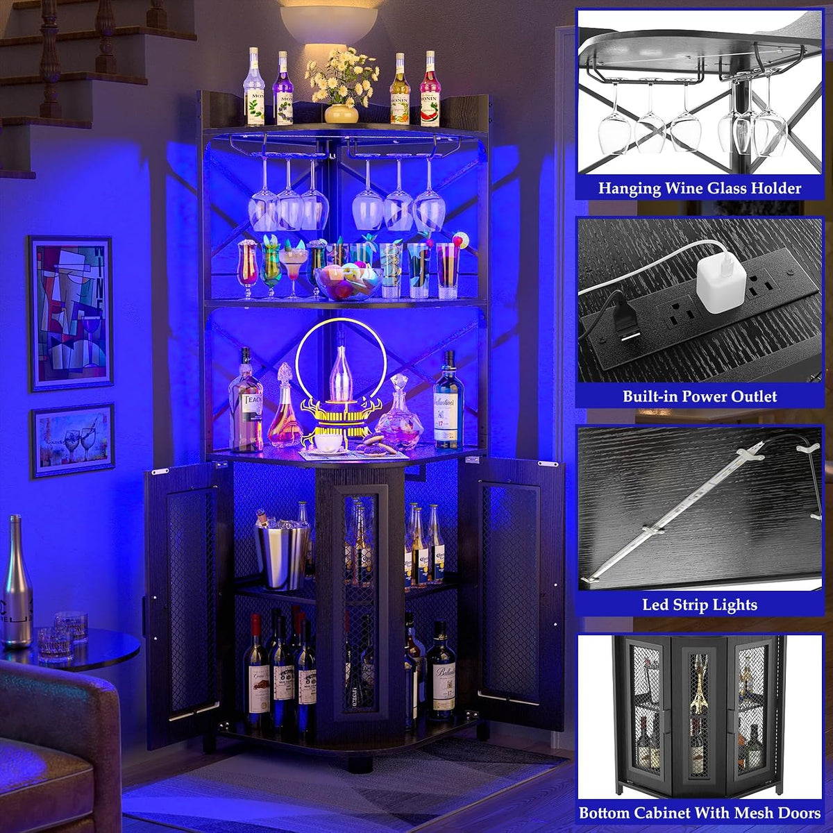 Aheaplus Corner Bar Cabinet with Power Outlet, Industrial Liquor Cabinet | 5-Tiers Wine Cabinet Mini Bar Unit with LED Strip and Glass Holder for Home, Corner Display Cabinet for Small Space, Black