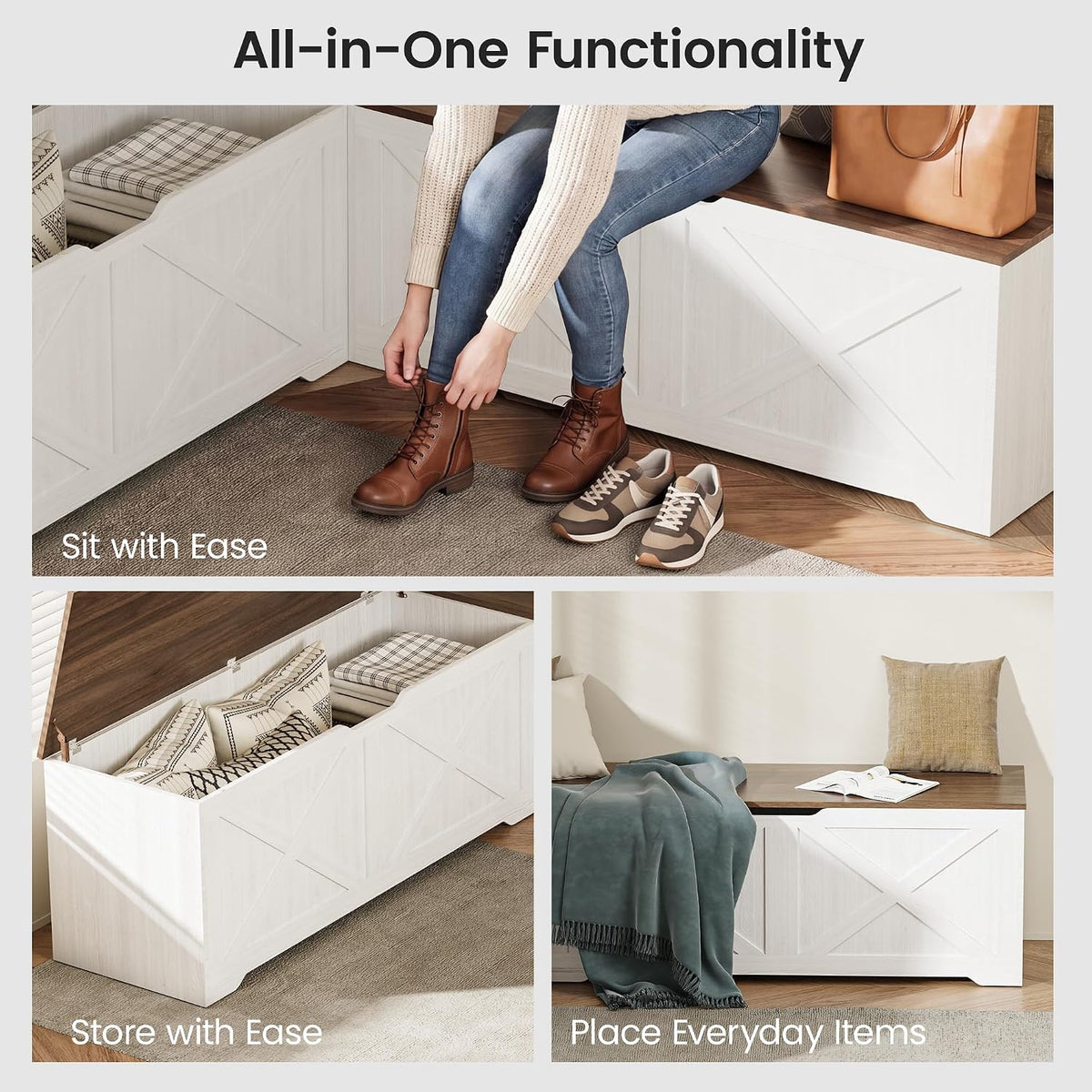 L Shaped Storage Bench, 63" Corner Bench with Storage, Breakfast Nook Bench with 3 Hidden Flip-Top Compartments, Backless Dining Bench for Kitchen, Entryway, Dining Room, Walnut White
