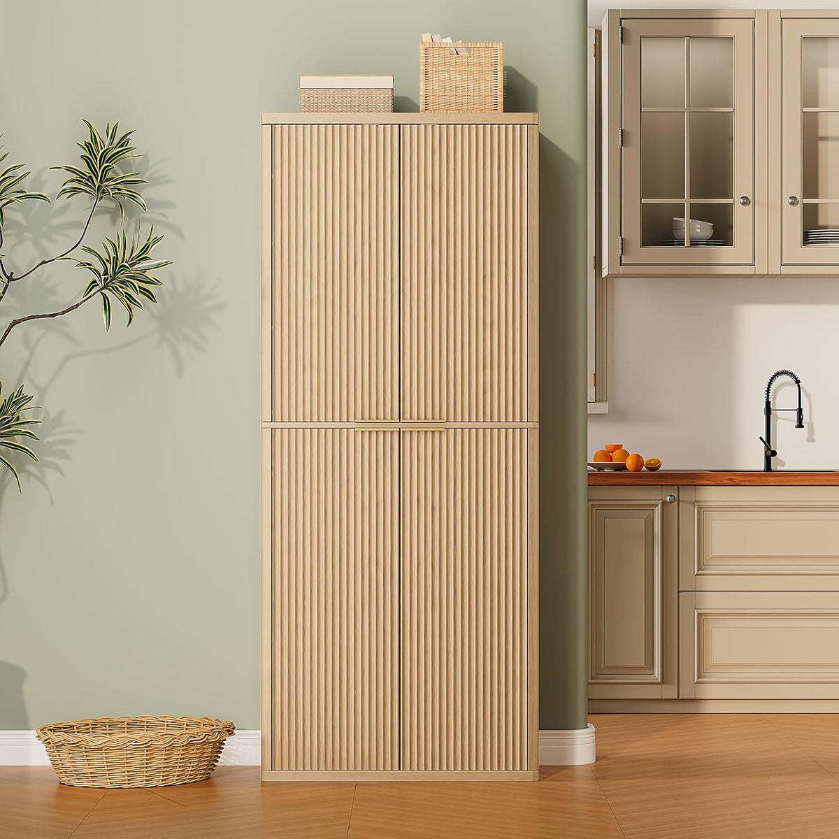72" Tall Kitchen Pantry Modern Fluted Wood Storage Cabinet with Doors,6 Door Shelves, Organizer, Versatile Cupboard for Kitchen, Dining, Oak,30''W x 15.75''D x 72''H.