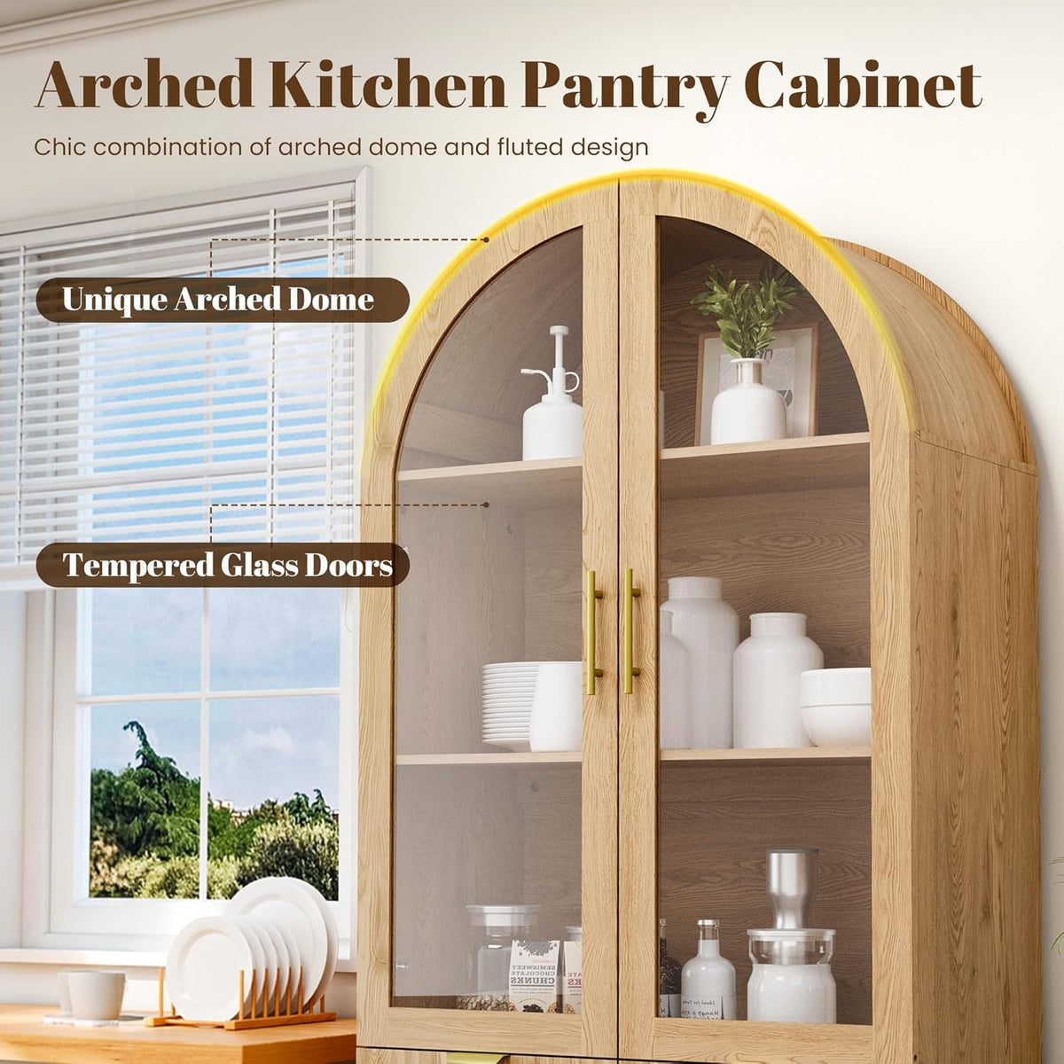 Pamapic 71" Tall Arched Cabinet, Fluted Kitchen Pantry with Glass Doors & Adjustable Shelves, Arch Storage Cabinet, Wooden Pantry for Dining Room, Living Room (Natural)