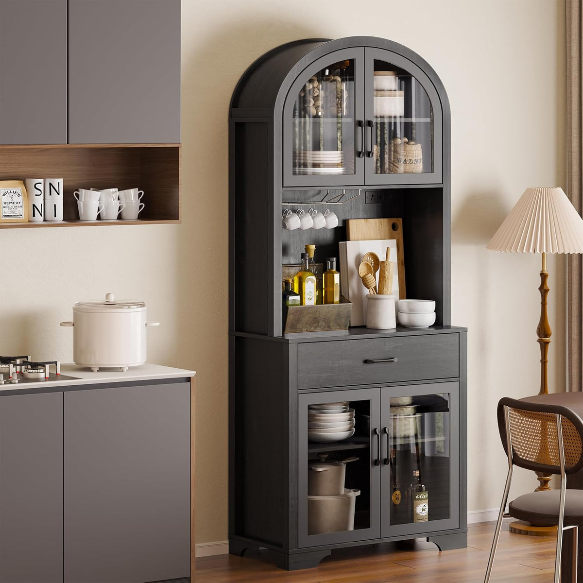 Arched Kitchen Pantry Storage Cabinet, Black Wooden Coffee Bar Cabinet with Drawers, Kitchen Hutch Dining Room Storage Cabinet with Charging Station and LED Light, Kitchen Hutch with Countertop