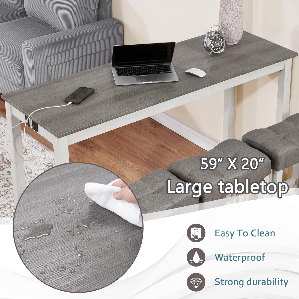 LKTART Bar Table and Chairs Set, 4 Piece Counter Height Bar Table Set with Power Outlet and 3 Upholstered Stools, Industrial Breakfast Table for Living Room, White & Grey