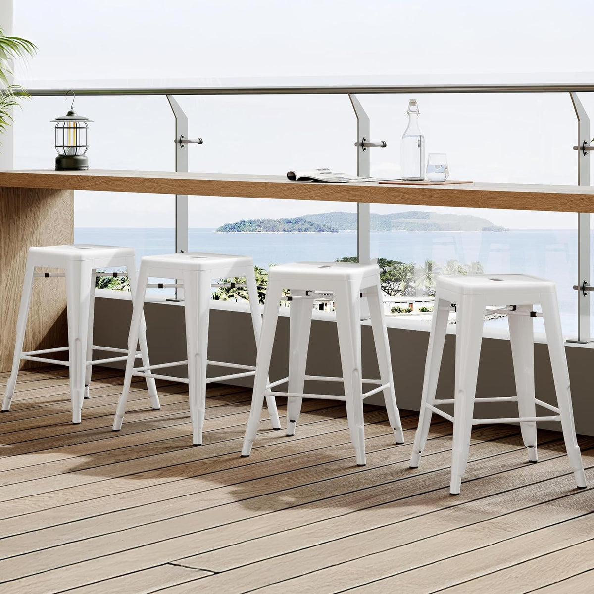 Yaheetech 24 Inch Metal Bar Stools Set of 4, Stackable Bar Chairs, White | No Assembly Counter Height Barstools with Footrest, 330 lb Load Capacity Patio Stools For Kitchen, Bar, Indoor & Outdoor Use