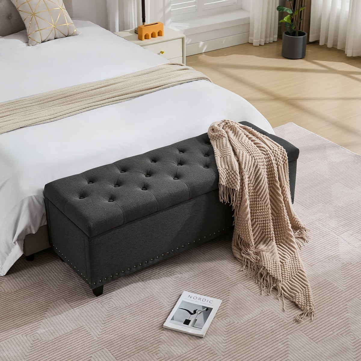 Tbfit 50.8" Ottoman with Storage, Button‑Tufted Bench with Safety Hinge and Rivets, Large End‑of‑Bed Storage Ottoman Bench for Bedroom, Living Room, Entryway, Grey