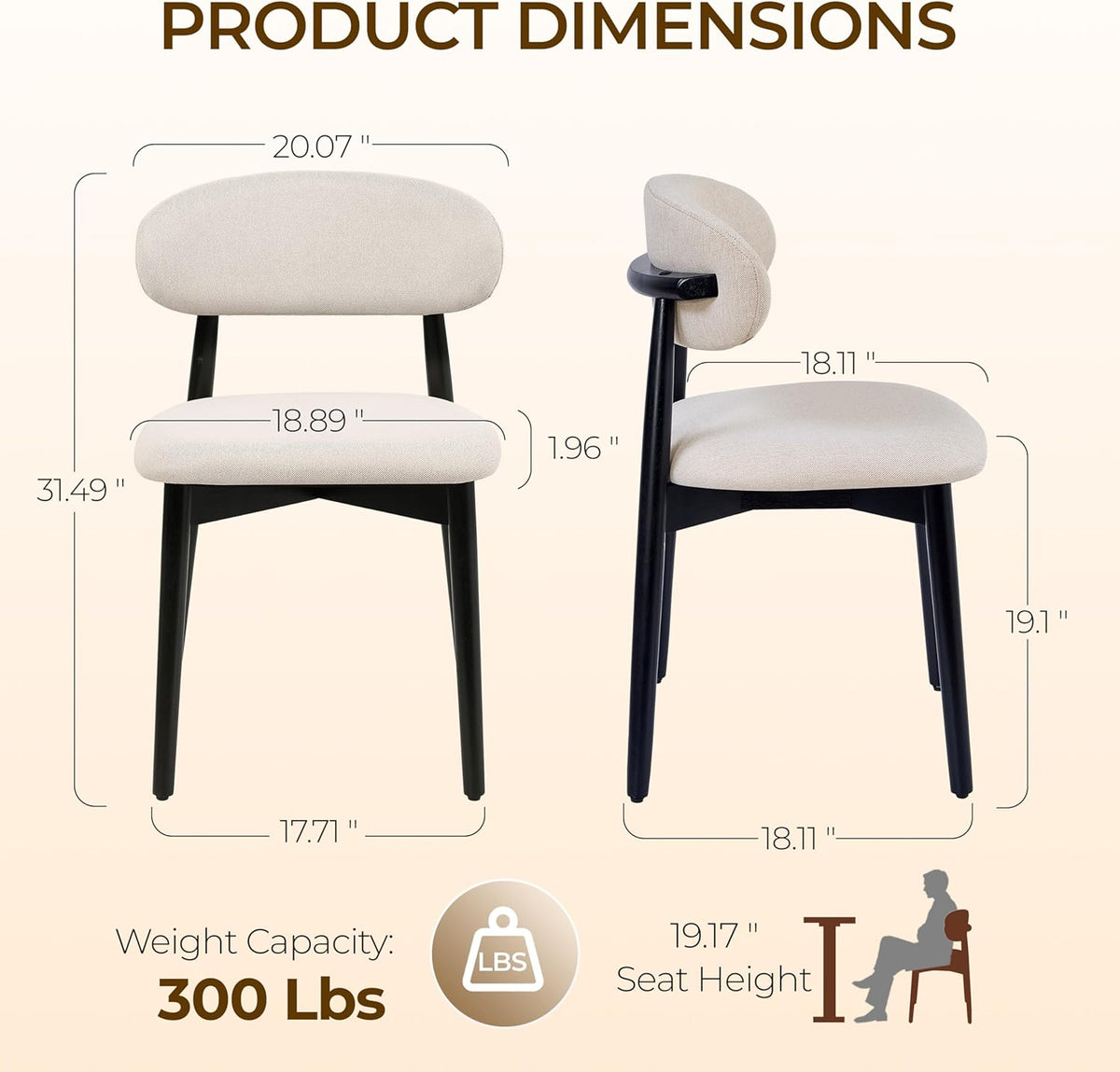 Wooden Dining Chairs Set of 4, Modern Farmhouse Fabric Upholstered Kitchen Chairs with Curve Back, Mid-Century Dining Room Chairs for Living Room Kitchen Vanity Restaurant Cafe with Black Legs, Beige