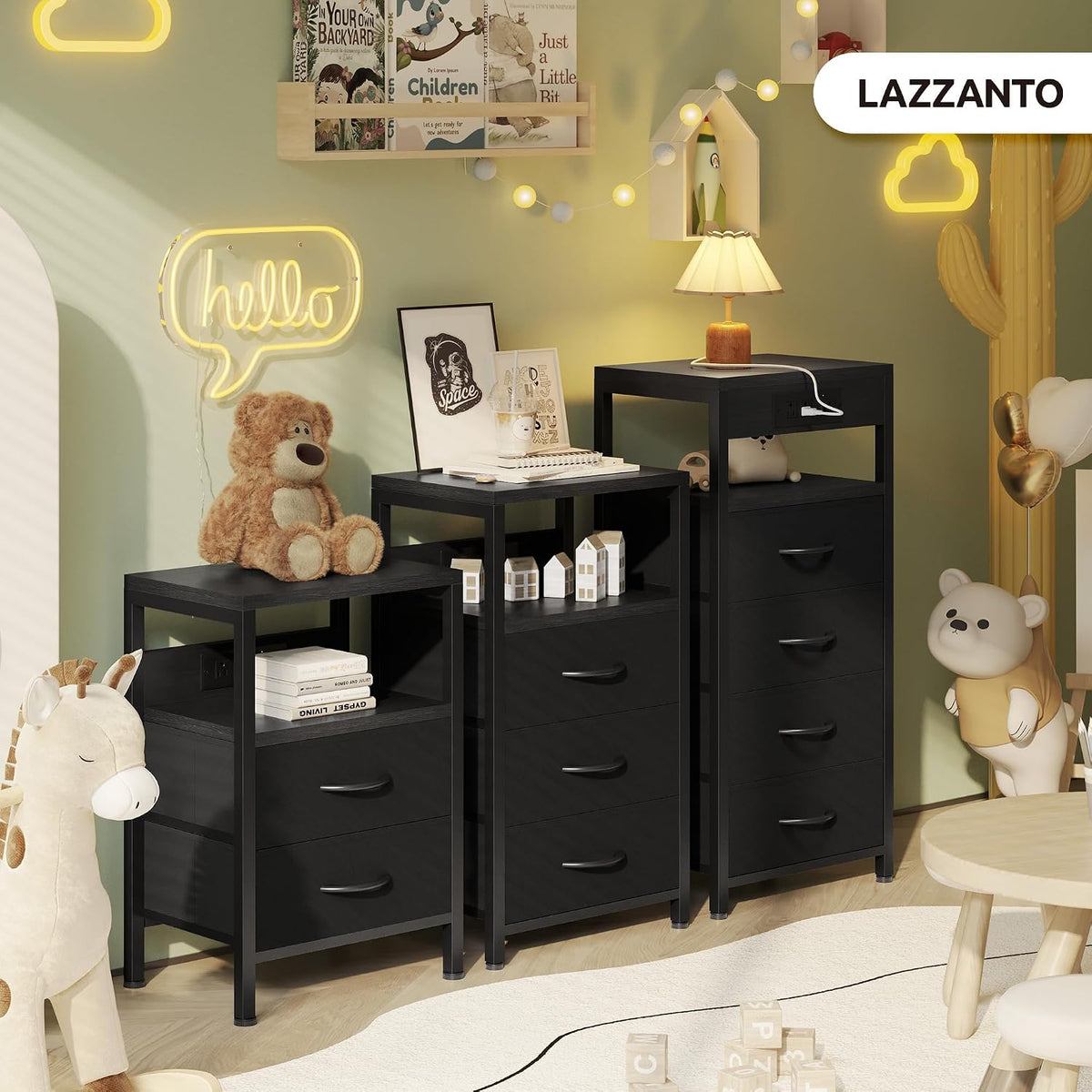 Lazzanto Night Stand with Charger Station for Bedroom, Black Nightstand | Bedside Table, Open Shelf, 2 Fabric Drawers, Built in USB-A, USB-C Port & AC Outlets, For Dorm, Living Room, Bedroom