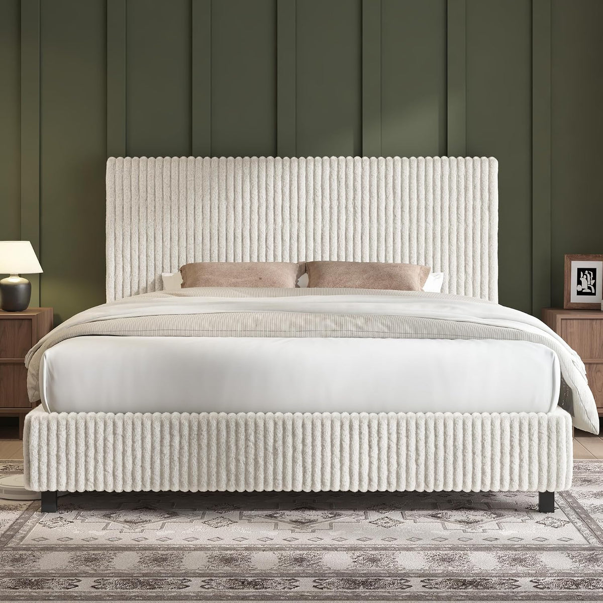 AMERLIFE Full Bed Frame, Upholstered Metal Platform Bed, Cream