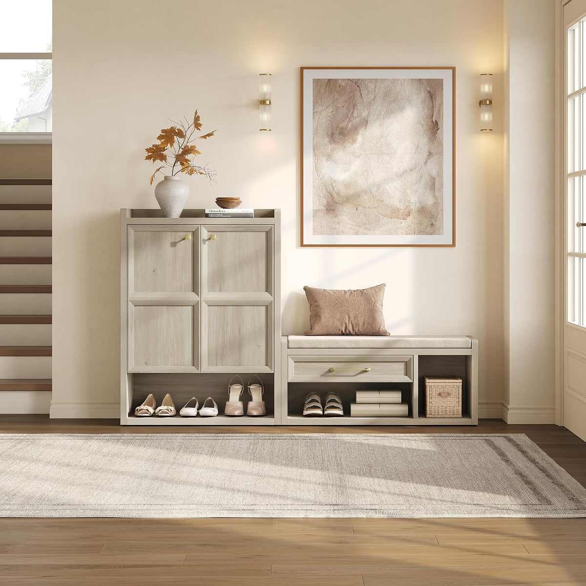 SICOTAS Shoe Bench with Storage, Farmhouse 43.3" Extra Wide Entryway Bench with Cushion, Drawer & Tall Boot Shelf, 18.9" Comfort Height Seat, Large Shoe Organizer for Hallway Bedroom, Grey White Oak