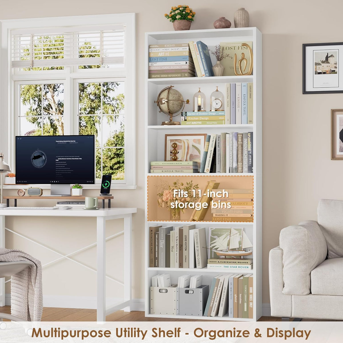 FOTOSOK 6-Tier Open Bookcase and Bookshelf, Freestanding Display Storage Shelves Tall Bookcase for Bedroom, Living Room and Office, White