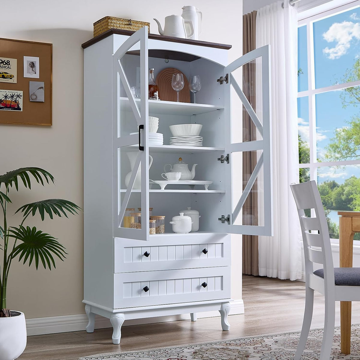 72" Tall Pantry Cabinet, Wood Arched Kitchen Pantry Storage Cabinets with 2 Glass Door and Adjustable Shelves, White Farmhouse Buffet Cupboard for Kitchen, Dining Room, Living Room and Bathroom