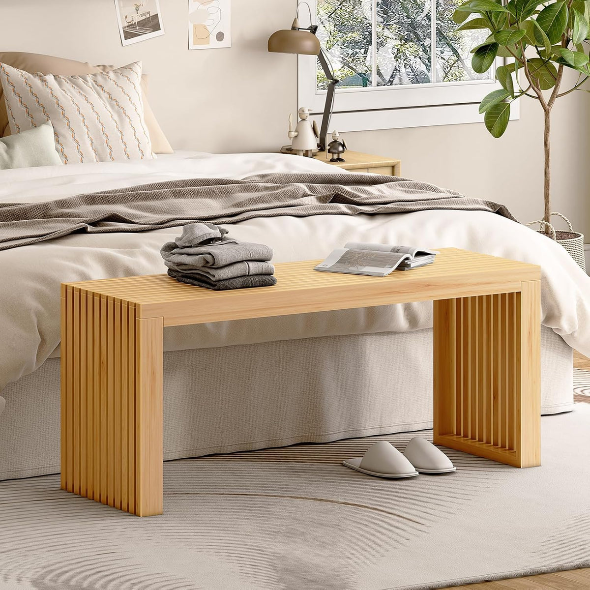 Bamboo Dining Bench, 35-inch Sleek Design Entryway Shoe Rack Bench, Indoor Kitchen Table Bench, Waterproof Outdoor Bench, Natural