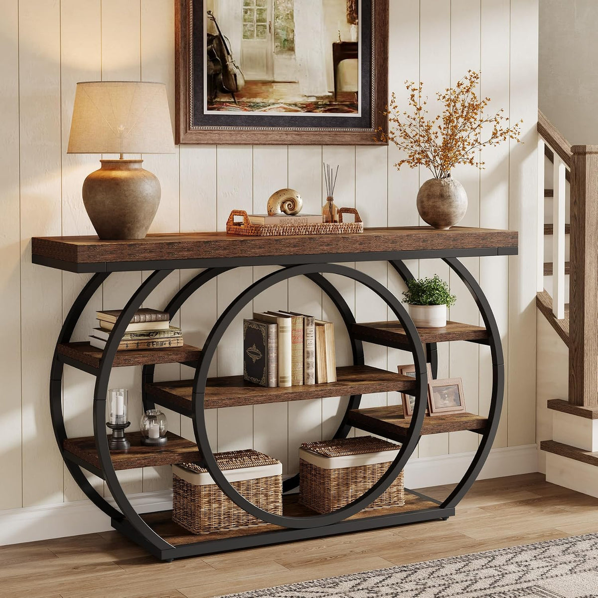 Tribesigns 47" Console Table for Living Room, 5-Tier Industrial Entryway Table with Metal Frame, Narrow Sofa Table Behind Couch Accent Tables for Entryway, Hallway, Foyer, Rustic Brown