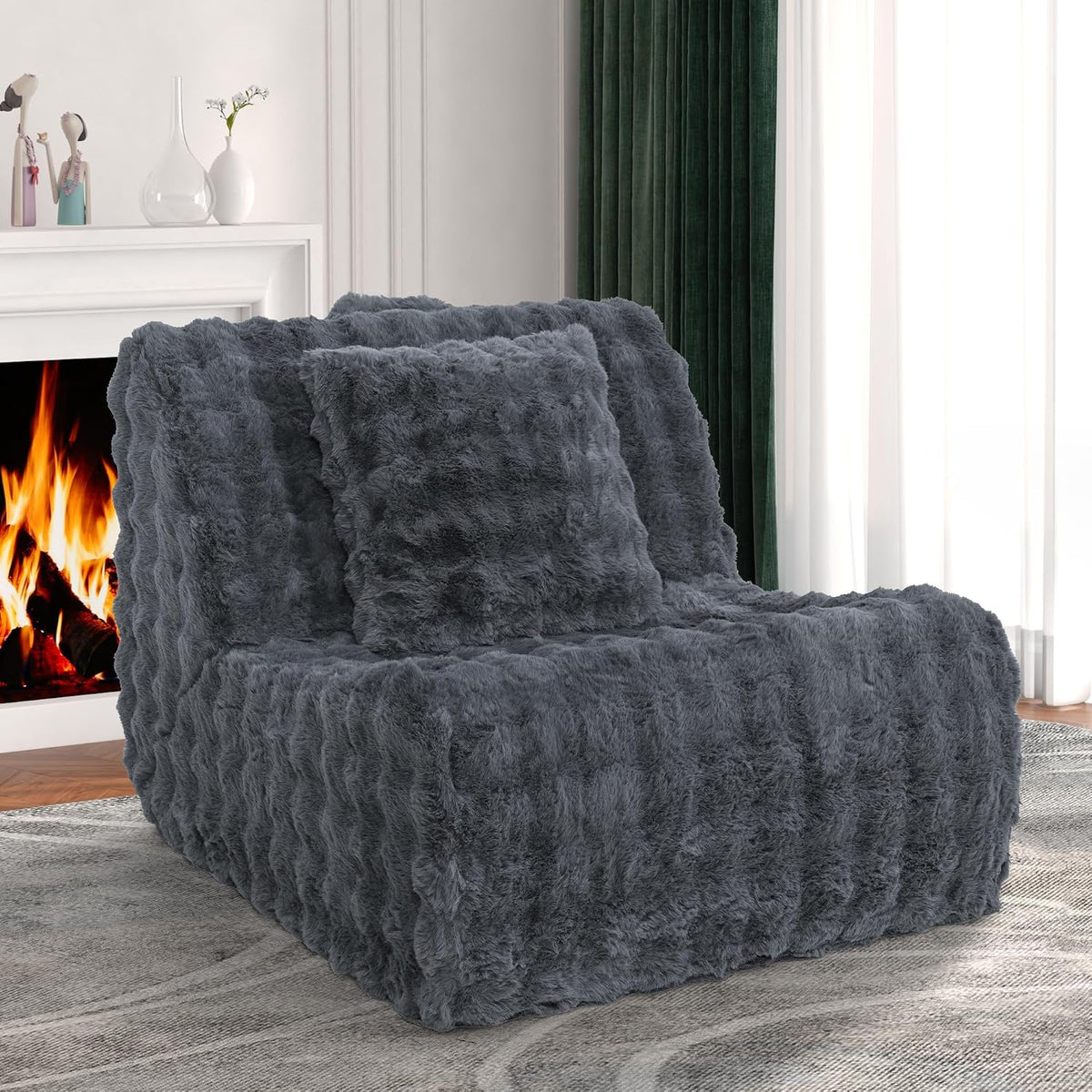 Bean Bag Chair for Adults, Giant Bean Bag Chair with Pillow, Oversized Chaise Lounge Chair Indoor with Soft Faux Fur for Living Room Bedroom or Reading Nook