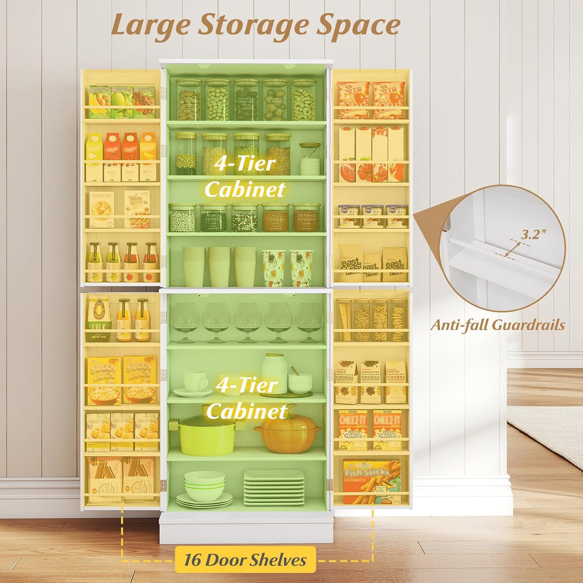 Giantex Kitchen Pantry Cabinet, 65.5" Tall Kitchen Hutch w/8-Tier Storage Cabinet, 16-Tier Door Shelves & Adjustable Shelves, 4-Door Freestanding Buffet Sideboard for Dining Room, Living Room, White