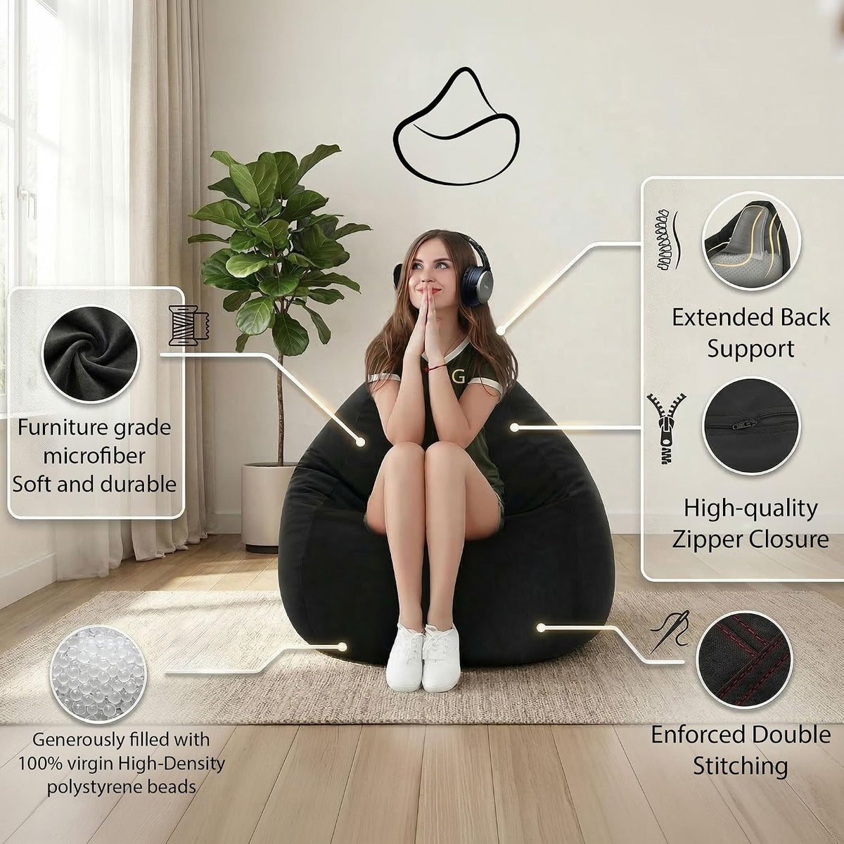 Gouchee Home Easy Collection Bean Bag Chair for Kids and Adults - Ink - Beanbag Couch for Indoor Living Spaces - Cozy Chair, Stylish, and Comfy Lazy Sofa Chair for Reading, Gaming, and More