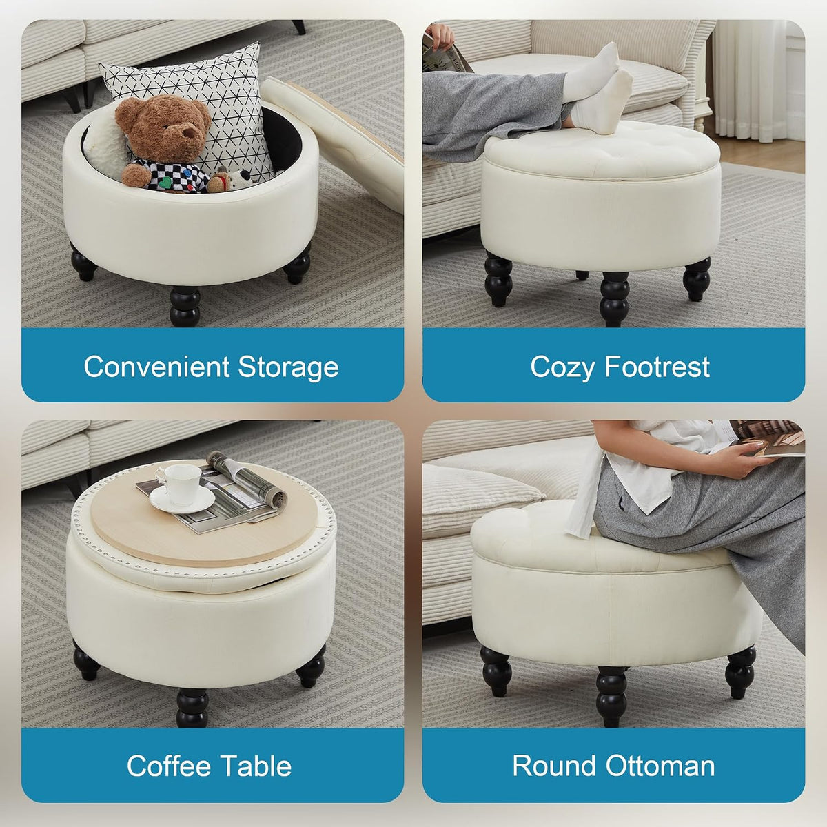 24 Inch Round Ottoman with Storage, Tufted Linen Storage Bench for Bedroom, Living Room & Entryway, Modern Upholstered Coffee Table with Wooden Black Legs, Beige