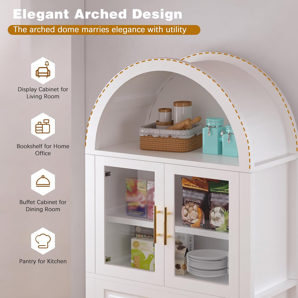 GDFStudio 71" Tall Arched Cabinet with Glass Door & Barn Door Design, Modern Farmhouse Storage Cabinet with Adjustable Shelves - White