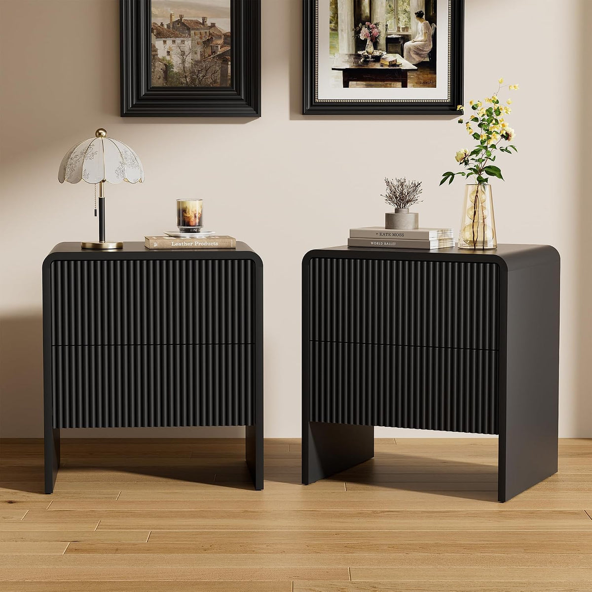 Furniway Set of 2 Modern Curved Nightstand with 2 Drawers, Push-to-Open Wooden Bedside Table, Minimalist End Table for Bedroom, Black