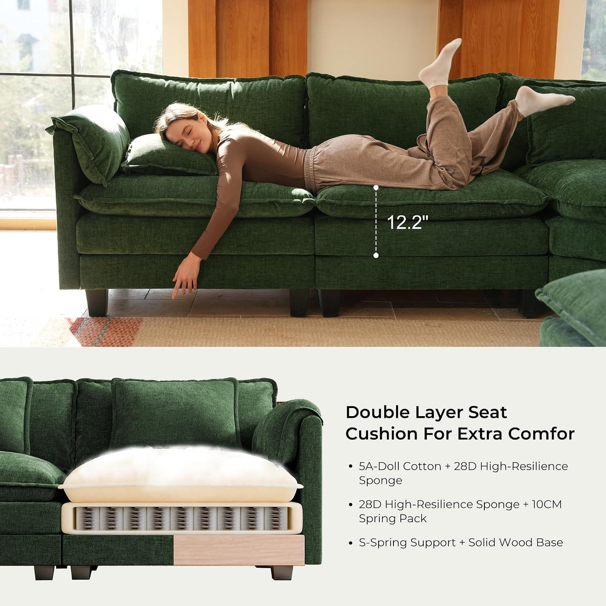 ELUCHANG 113" Oversized Modular Sectional Sofa, Comfy Chenille Cloud Couch, 4-Seater L Shaped Modern Deep Seat Sofa w/Removable Covers for Living Room, Bedroom, DIY Combination - Green